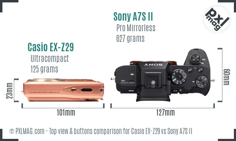 Casio EX-Z29 vs Sony A7S II top view buttons comparison