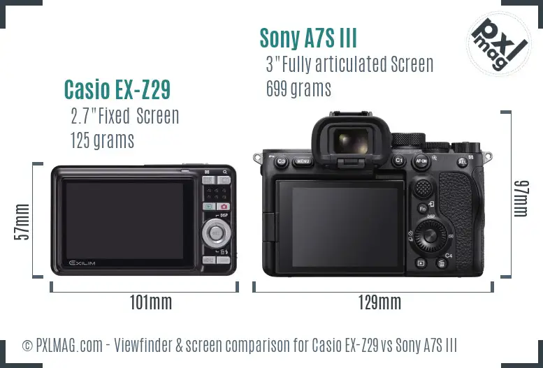 Casio EX-Z29 vs Sony A7S III Screen and Viewfinder comparison
