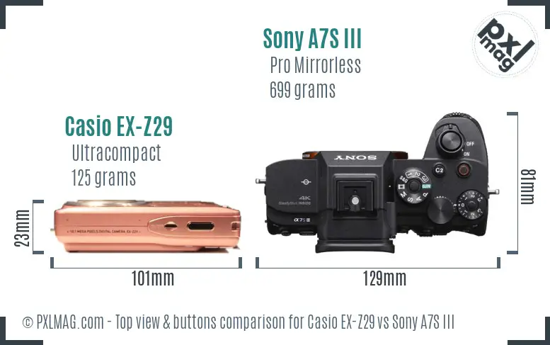 Casio EX-Z29 vs Sony A7S III top view buttons comparison