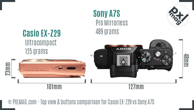 Casio EX-Z29 vs Sony A7S top view buttons comparison