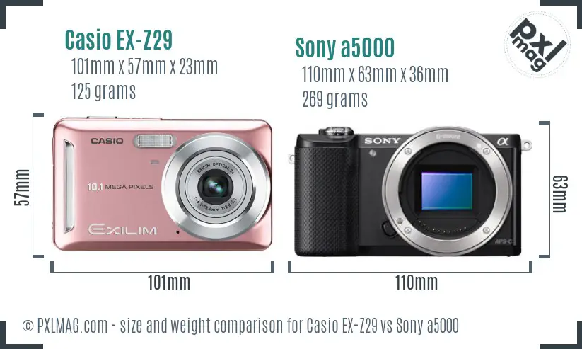 Casio EX-Z29 vs Sony a5000 size comparison