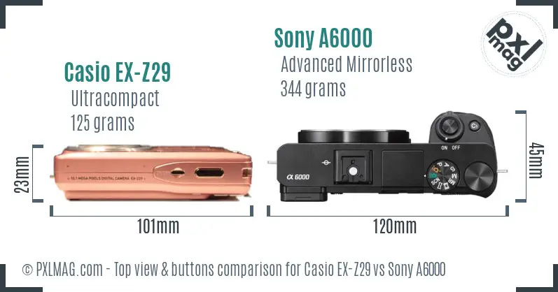 Casio EX-Z29 vs Sony A6000 top view buttons comparison
