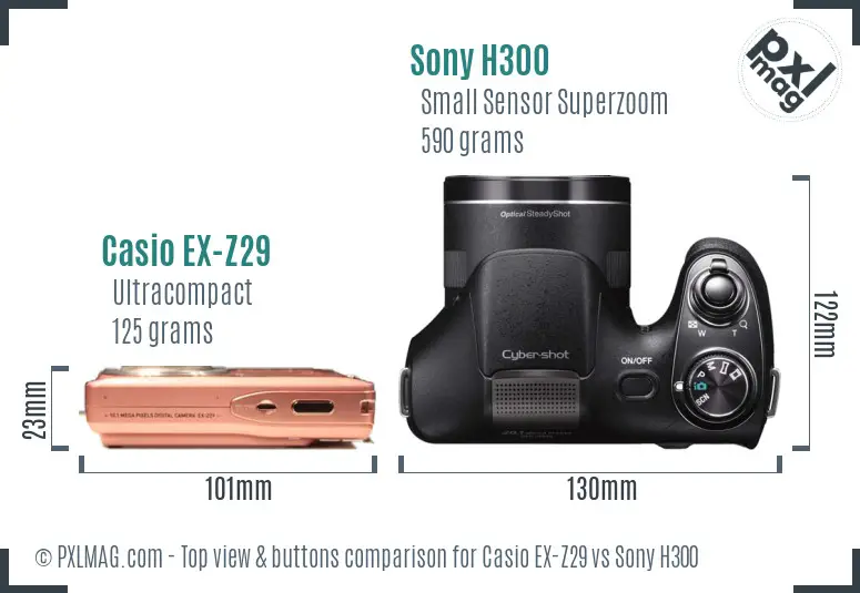 Casio EX-Z29 vs Sony H300 top view buttons comparison Casio EX-Z29 vs Sony H300 top view buttons comparison
