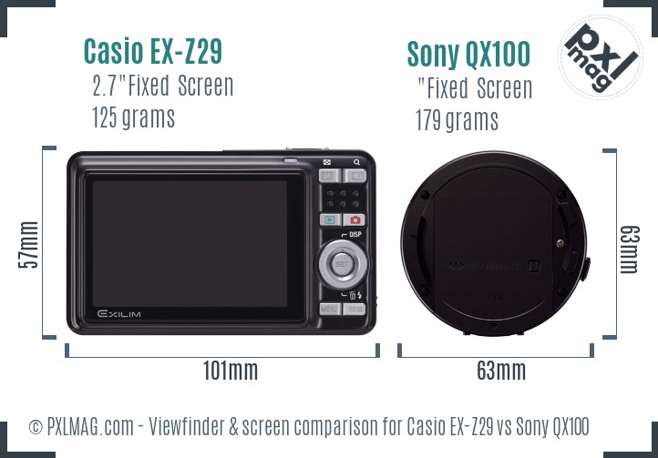 Casio EX-Z29 vs Sony QX100 Screen and Viewfinder comparison