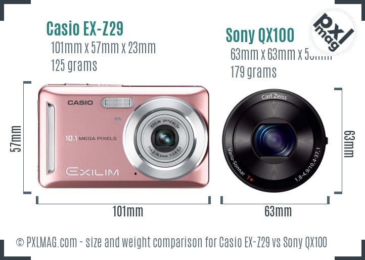 Casio EX-Z29 vs Sony QX100 size comparison