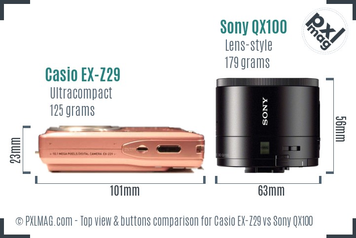 Casio EX-Z29 vs Sony QX100 top view buttons comparison