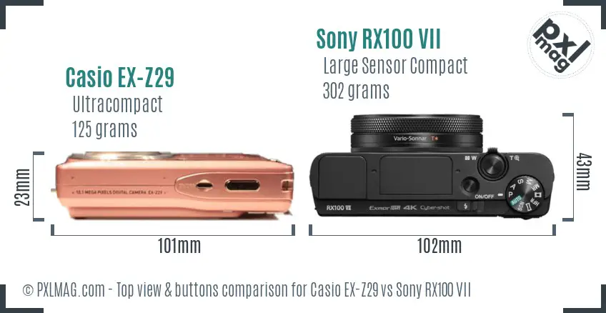 Casio EX-Z29 vs Sony RX100 VII top view buttons comparison