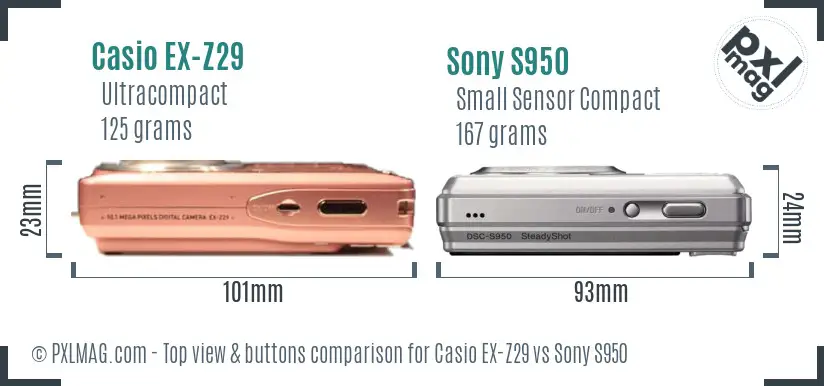 Casio EX-Z29 vs Sony S950 top view buttons comparison Casio EX-Z29 vs Sony S950 top view buttons comparison