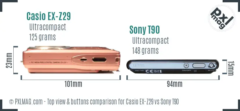 Casio EX-Z29 vs Sony T90 top view buttons comparison