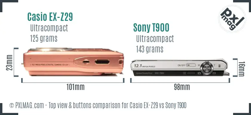Casio EX-Z29 vs Sony T900 top view buttons comparison Casio EX-Z29 vs Sony T900 top view buttons comparison
