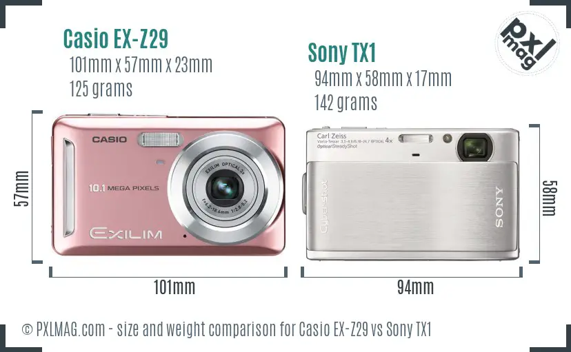 Casio EX-Z29 vs Sony TX1 size comparison