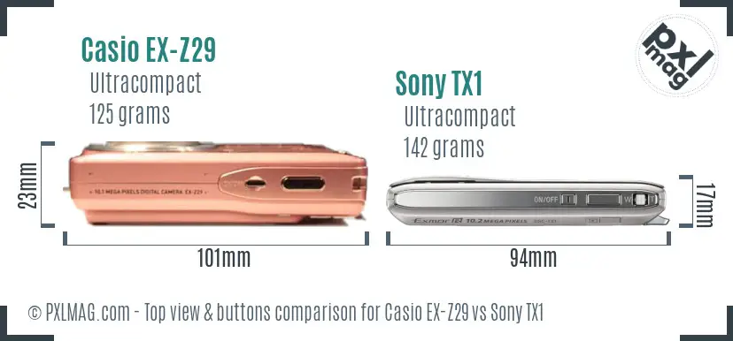 Casio EX-Z29 vs Sony TX1 top view buttons comparison