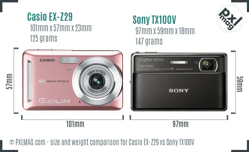 Casio EX-Z29 vs Sony TX100V size comparison