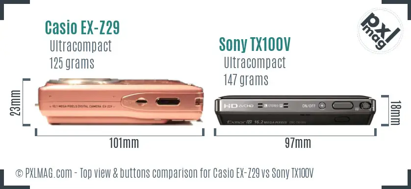 Casio EX-Z29 vs Sony TX100V top view buttons comparison