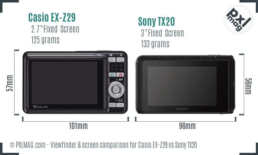 Casio EX-Z29 vs Sony TX20 Screen and Viewfinder comparison