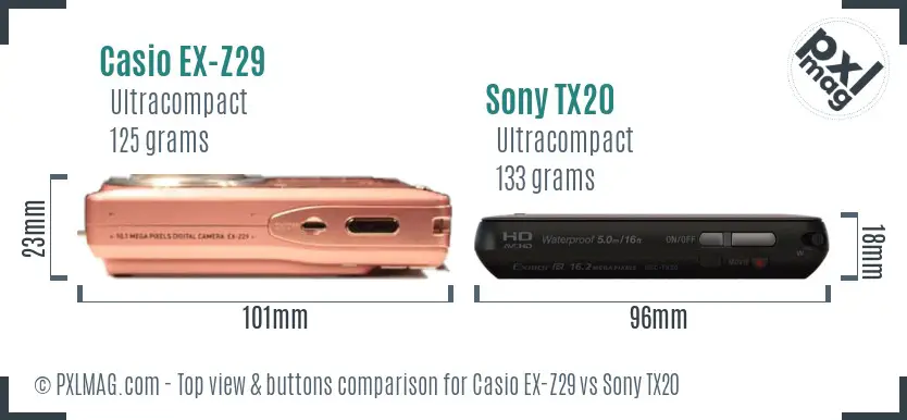 Casio EX-Z29 vs Sony TX20 top view buttons comparison