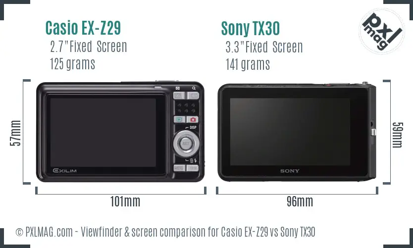 Casio EX-Z29 vs Sony TX30 Screen and Viewfinder comparison