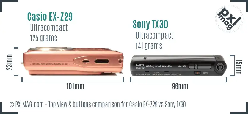 Casio EX-Z29 vs Sony TX30 top view buttons comparison