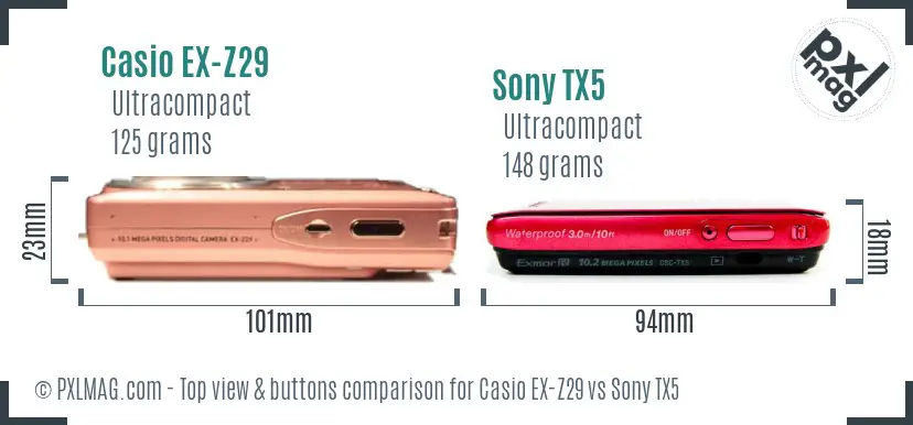 Casio EX-Z29 vs Sony TX5 top view buttons comparison