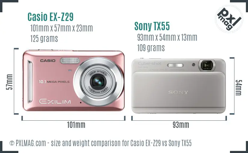 Casio EX-Z29 vs Sony TX55 size comparison