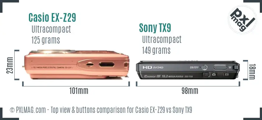 Casio EX-Z29 vs Sony TX9 top view buttons comparison