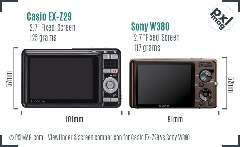 Casio EX-Z29 vs Sony W380 Screen and Viewfinder comparison