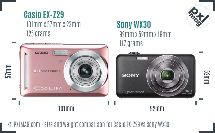 Casio EX-Z29 vs Sony WX30 size comparison