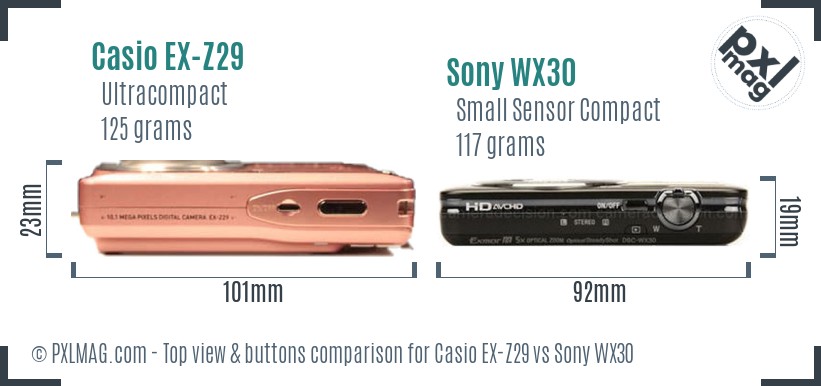 Casio EX-Z29 vs Sony WX30 top view buttons comparison