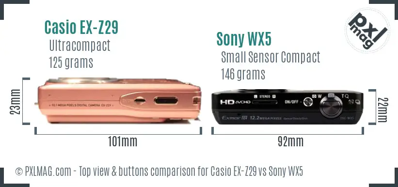 Casio EX-Z29 vs Sony WX5 top view buttons comparison