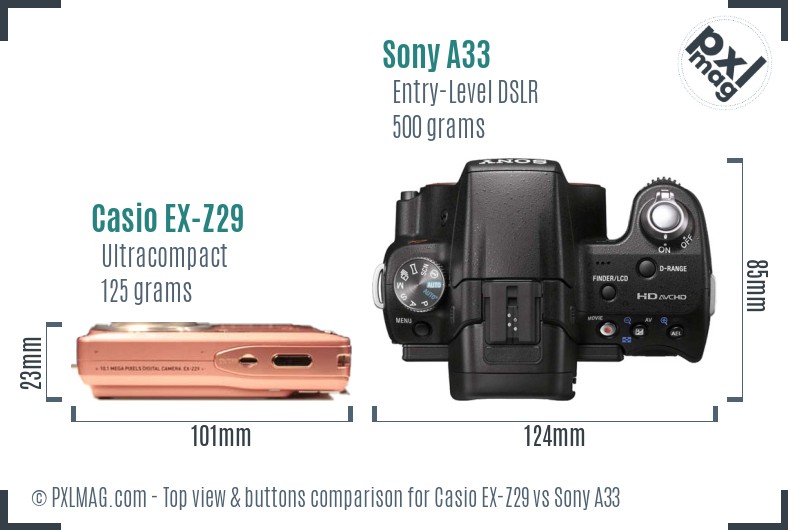 Casio EX-Z29 vs Sony A33 top view buttons comparison