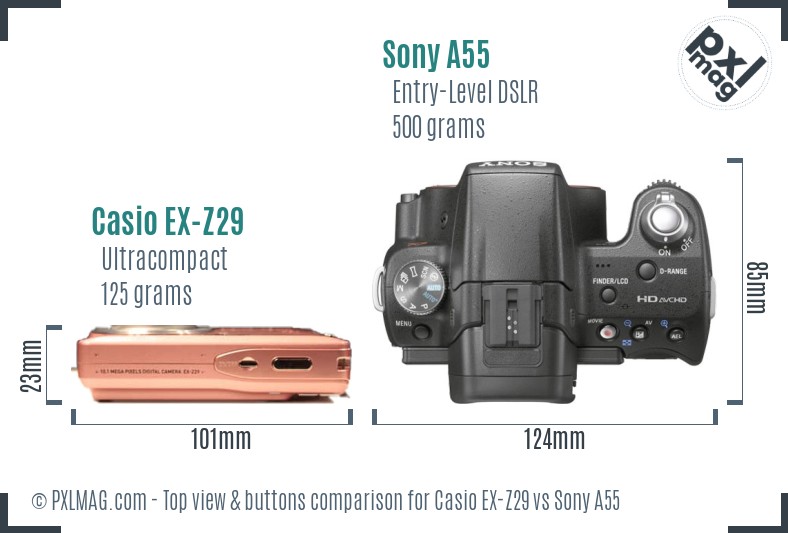 Casio EX-Z29 vs Sony A55 top view buttons comparison