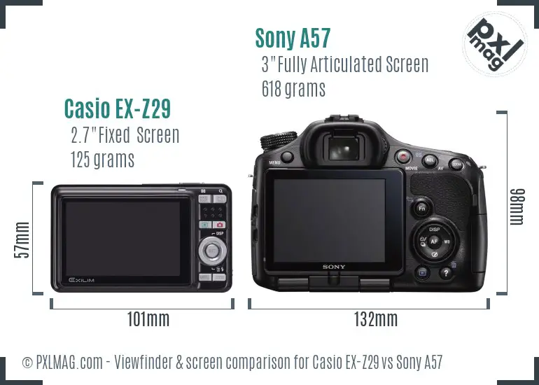 Casio EX-Z29 vs Sony A57 Screen and Viewfinder comparison