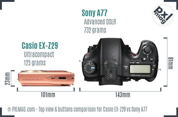 Casio EX-Z29 vs Sony A77 top view buttons comparison