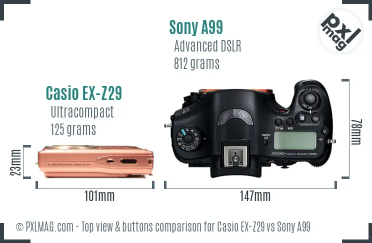 Casio EX-Z29 vs Sony A99 top view buttons comparison Casio EX-Z29 vs Sony A99 top view buttons comparison
