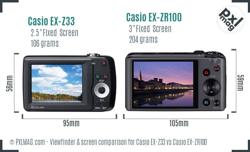 Casio EX-Z33 vs Casio EX-ZR100 Screen and Viewfinder comparison
