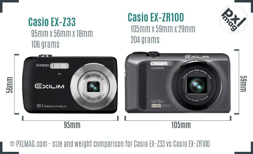 Casio EX-Z33 vs Casio EX-ZR100 size comparison