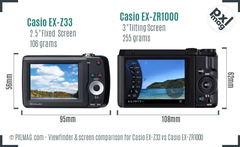Casio EX-Z33 vs Casio EX-ZR1000 Screen and Viewfinder comparison