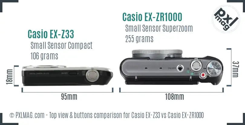 Casio EX-Z33 vs Casio EX-ZR1000 top view buttons comparison