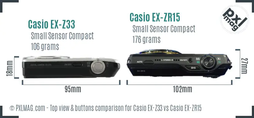 Casio EX-Z33 vs Casio EX-ZR15 top view buttons comparison