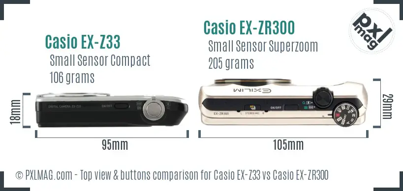 Casio EX-Z33 vs Casio EX-ZR300 top view buttons comparison