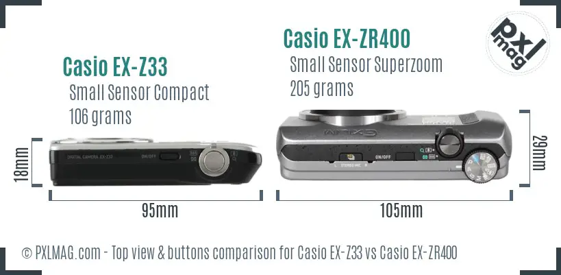 Casio EX-Z33 vs Casio EX-ZR400 top view buttons comparison