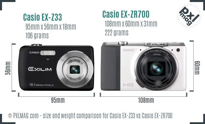 Casio EX-Z33 vs Casio EX-ZR700 size comparison