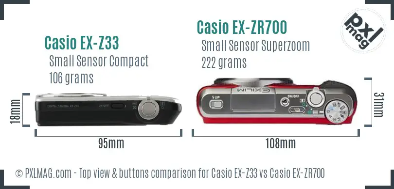 Casio EX-Z33 vs Casio EX-ZR700 top view buttons comparison