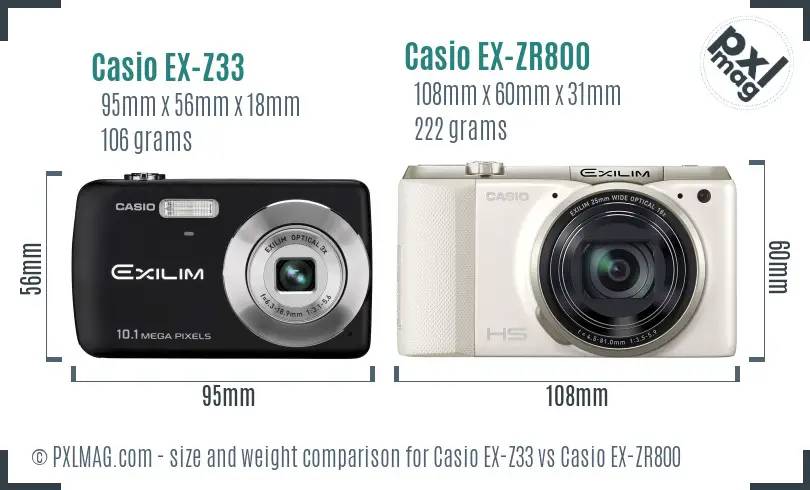 Casio EX-Z33 vs Casio EX-ZR800 size comparison