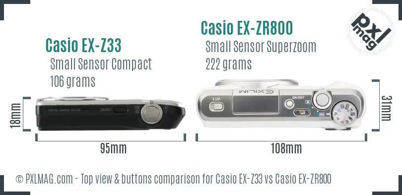 Casio EX-Z33 vs Casio EX-ZR800 top view buttons comparison
