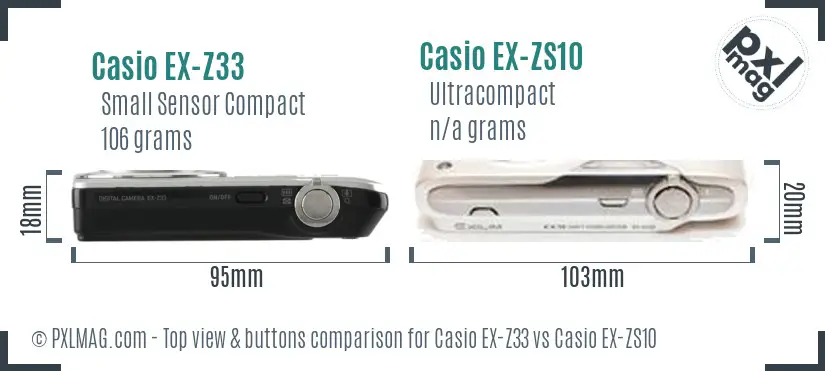 Casio EX-Z33 vs Casio EX-ZS10 top view buttons comparison