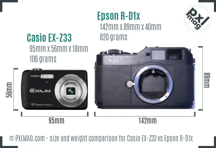 Casio EX-Z33 vs Epson R-D1x size comparison