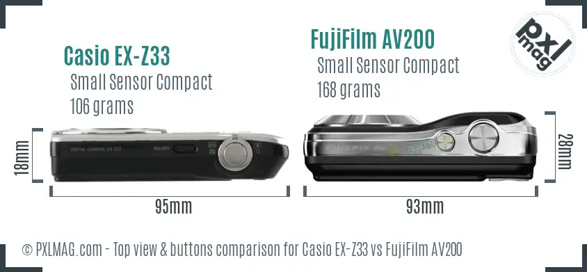 Casio EX-Z33 vs FujiFilm AV200 top view buttons comparison