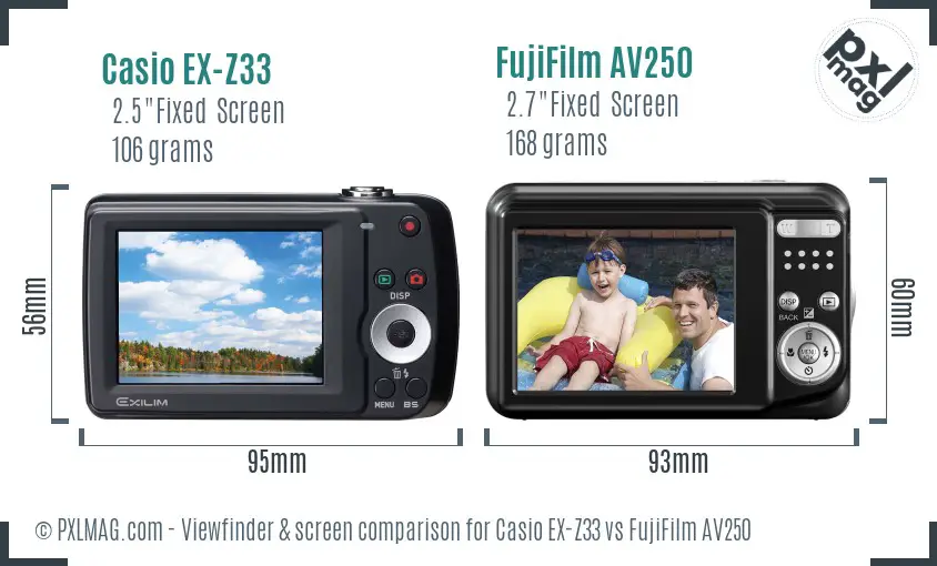 Casio EX-Z33 vs FujiFilm AV250 Screen and Viewfinder comparison