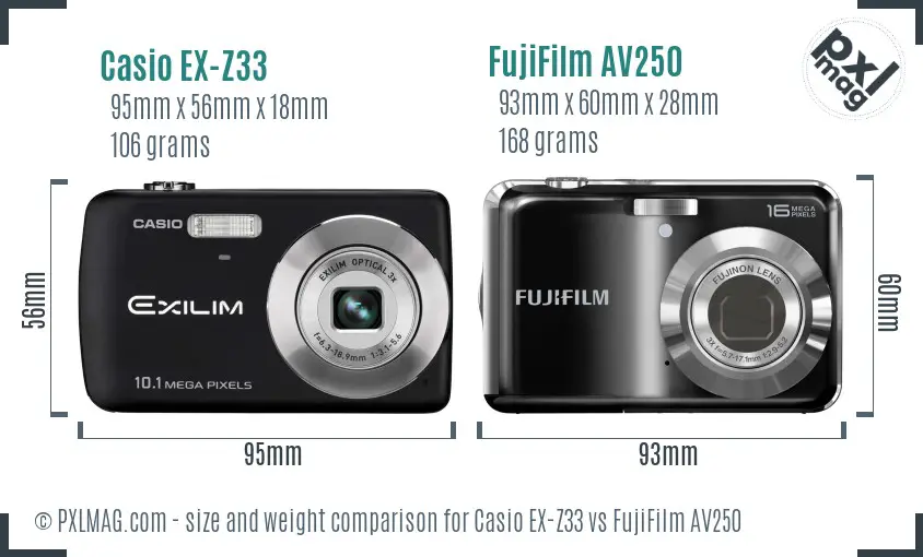 Casio EX-Z33 vs FujiFilm AV250 size comparison